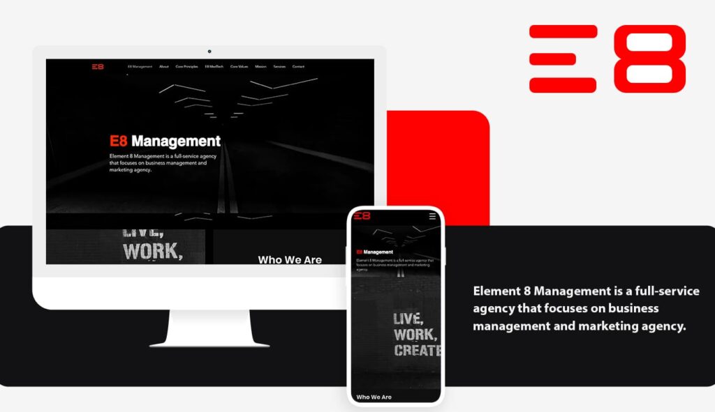 Homepage of E8 management website in different screens
