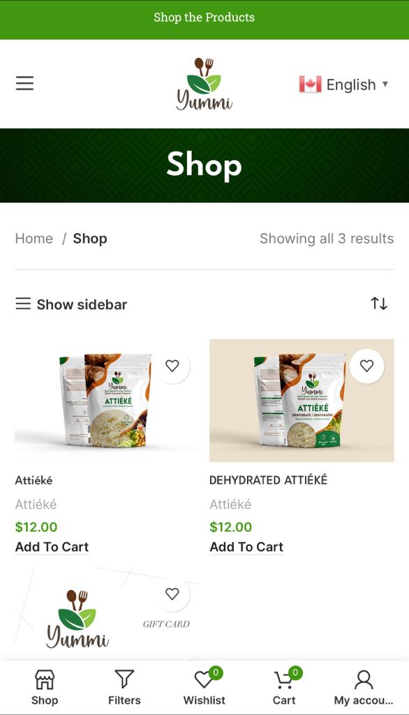 Shop page of the website in mobile device