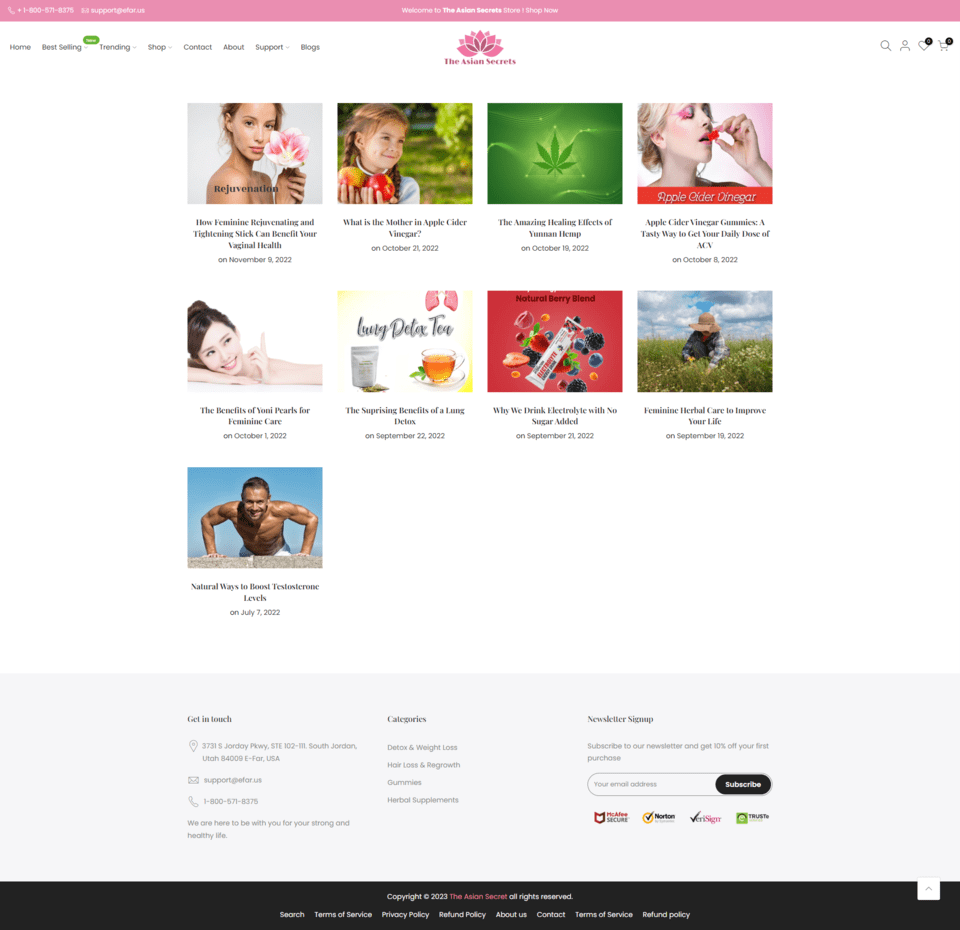 different product pages of the website