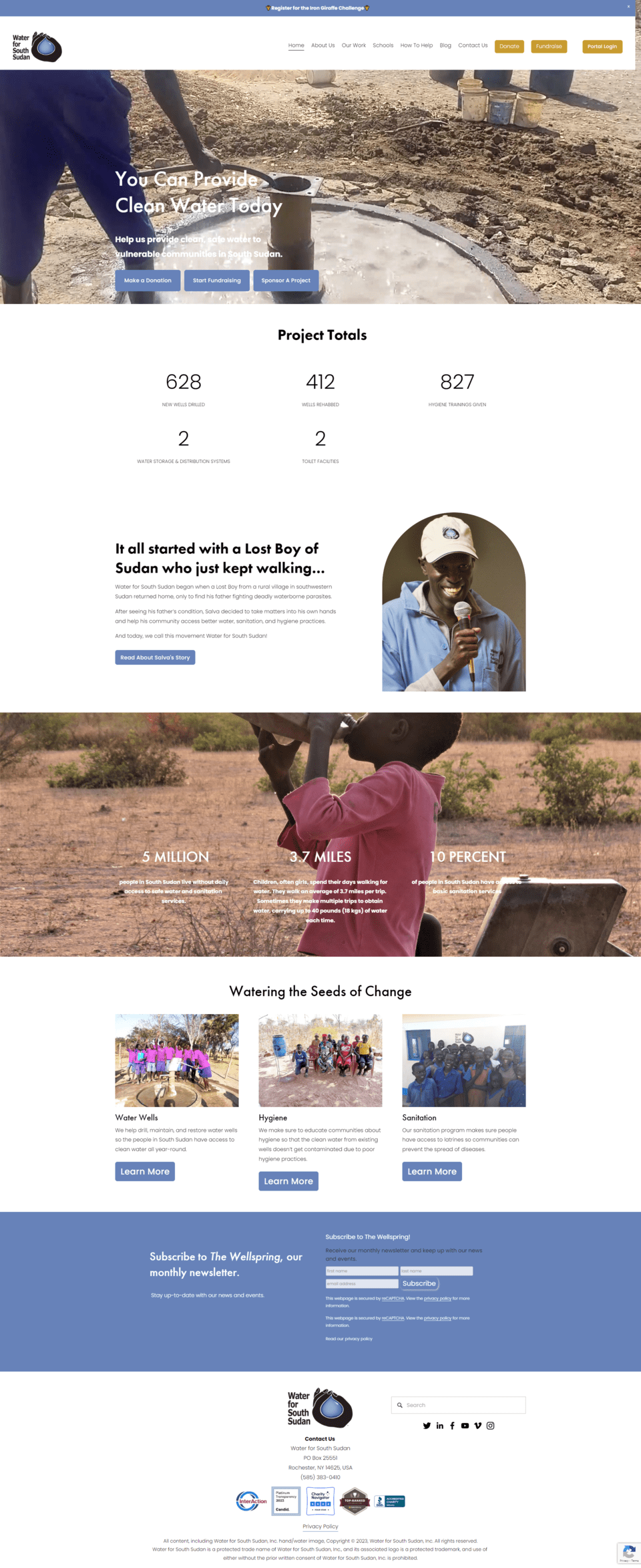 HomePage of Water For South Sudan website in Desktop screen